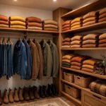 Organized fall closet with folded sweaters, hanging jeans and jackets, and boots lined up
