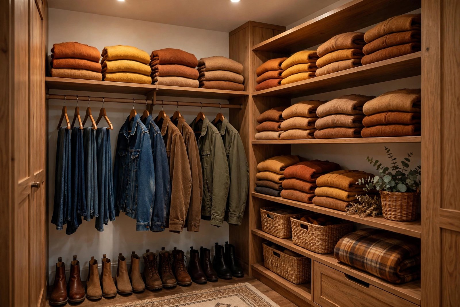 Organized fall closet with folded sweaters, hanging jeans and jackets, and boots lined up