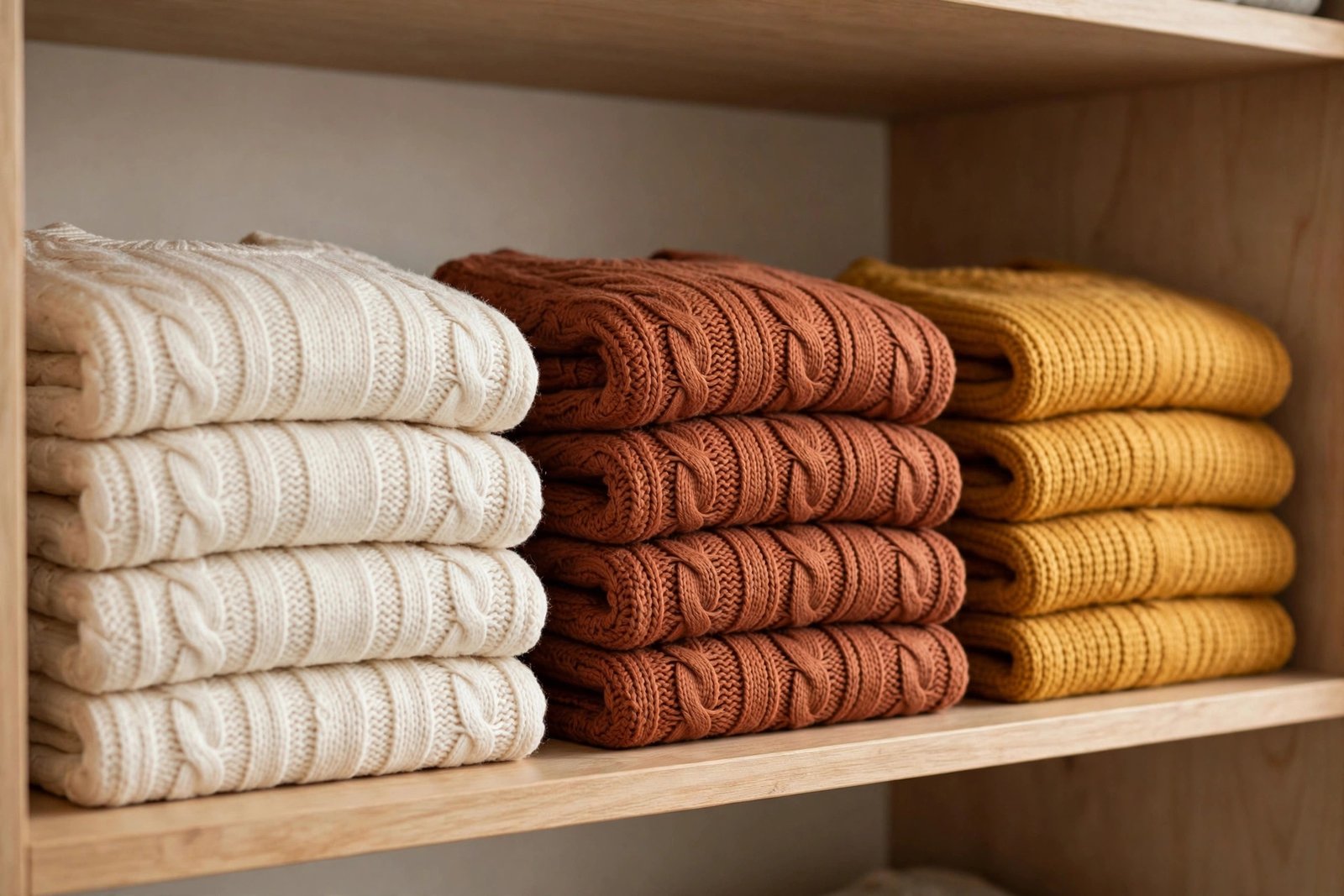 Neat stacks of folded knit sweaters in cream, rust and mustard on a closet shelf