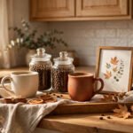 Cozy fall coffee bar corner on a kitchen counter with wooden tray, mugs and glass jars