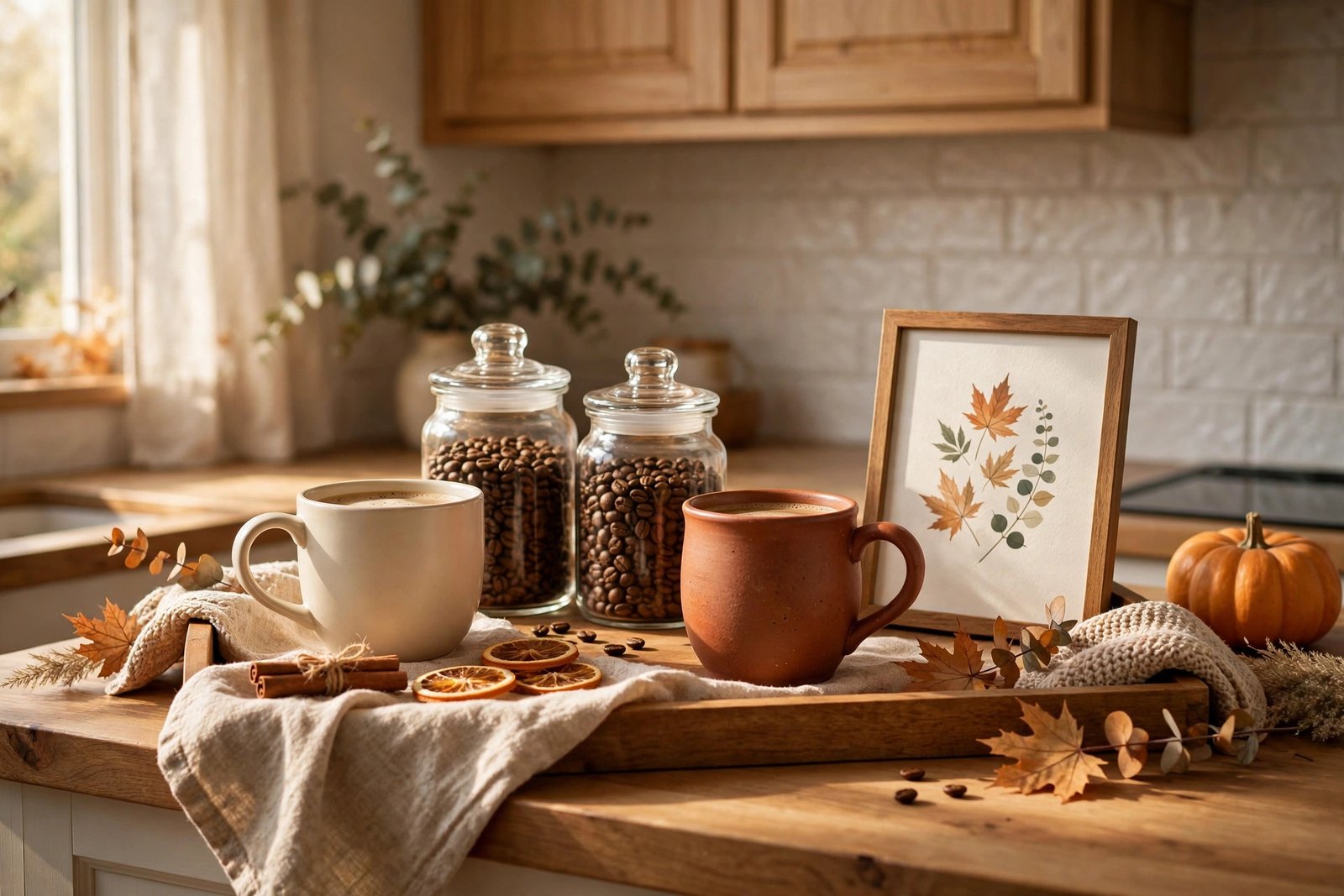 Cozy fall coffee bar corner on a kitchen counter with wooden tray, mugs and glass jars