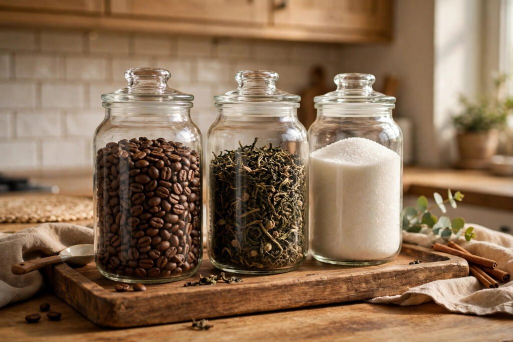 Glass jars of coffee beans, tea and sugar lined up on a wooden tray