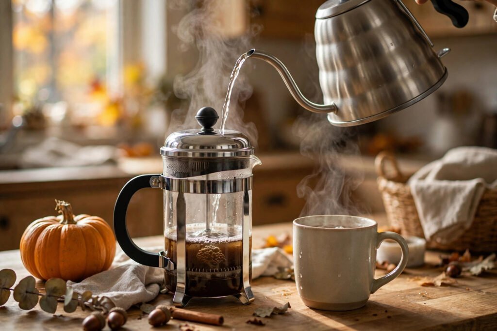 Kettle pouring beside a french press and steaming mug with a small pumpkin