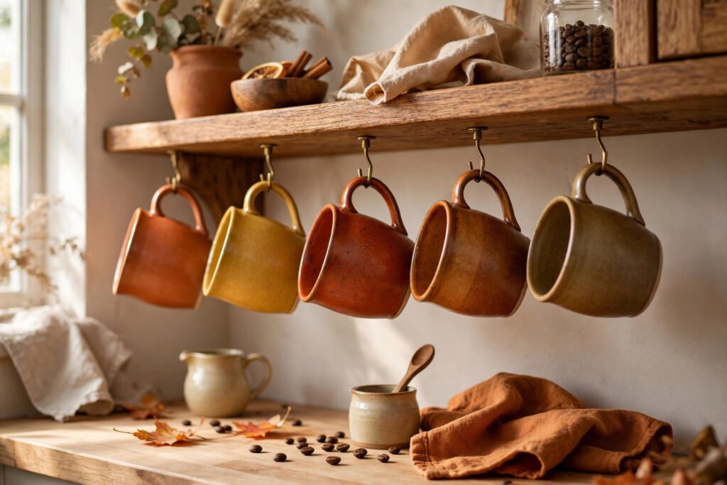 Ceramic mugs in warm fall colors hanging on hooks under a kitchen shelf