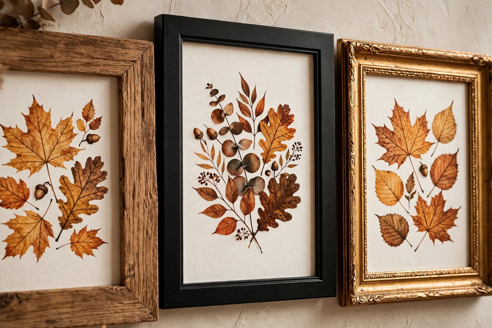 Close-up of mixed wood, black and gold frames with autumn leaf prints