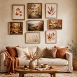 Warm gallery wall with framed autumn art prints in gold, rust and cream above a sofa