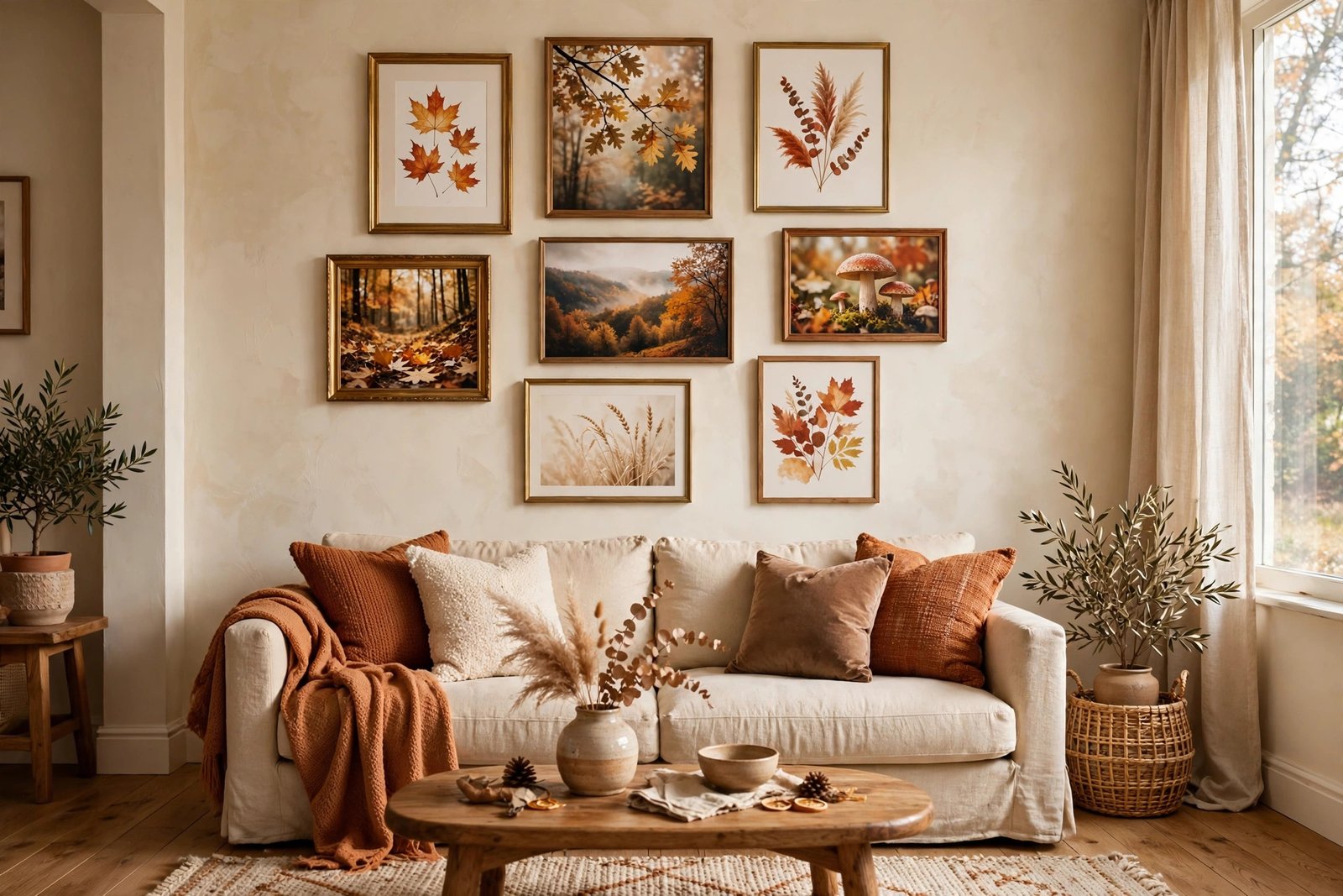 Warm gallery wall with framed autumn art prints in gold, rust and cream above a sofa