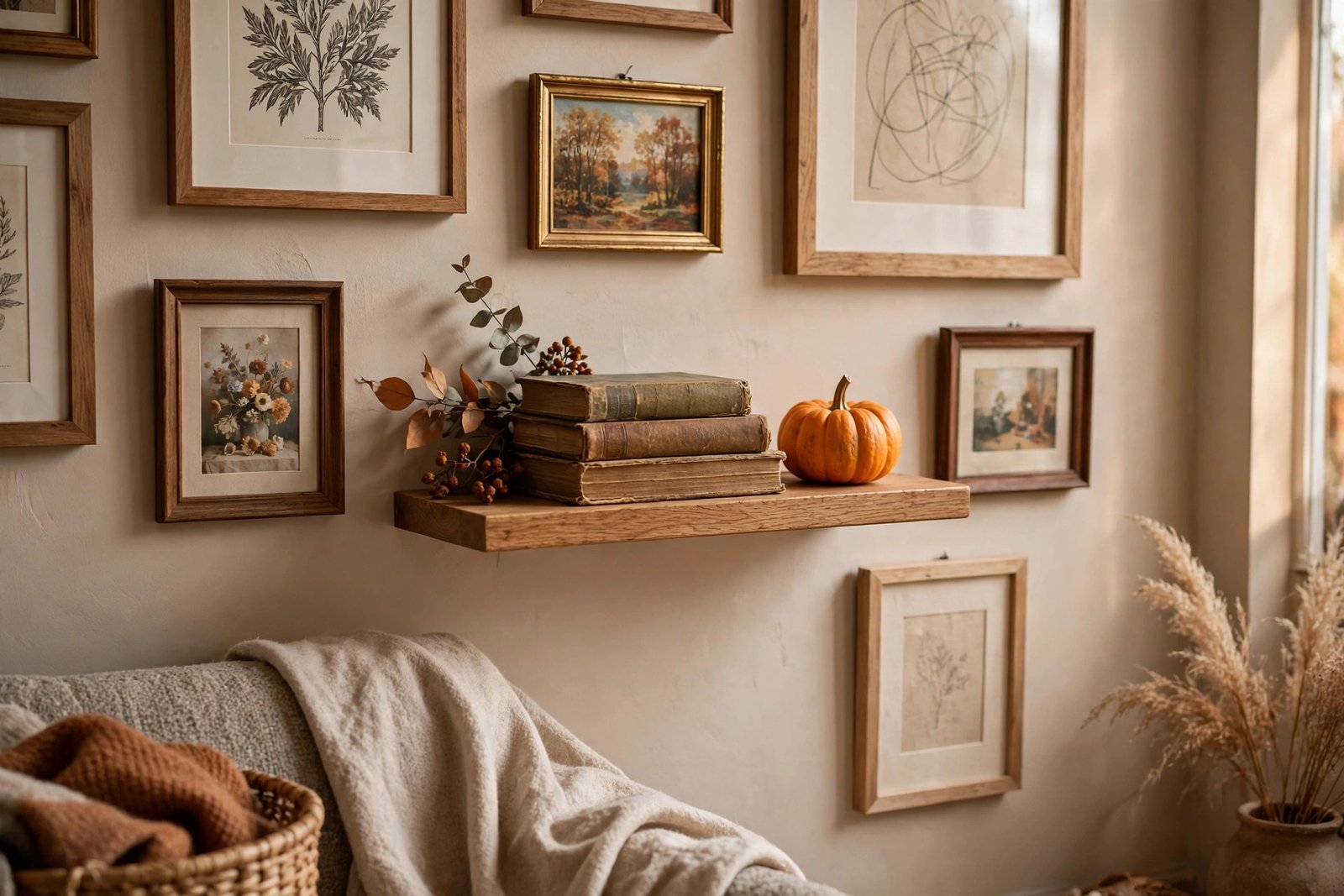 Picture ledge shelf with a tiny pumpkin and stacked books among gallery frames