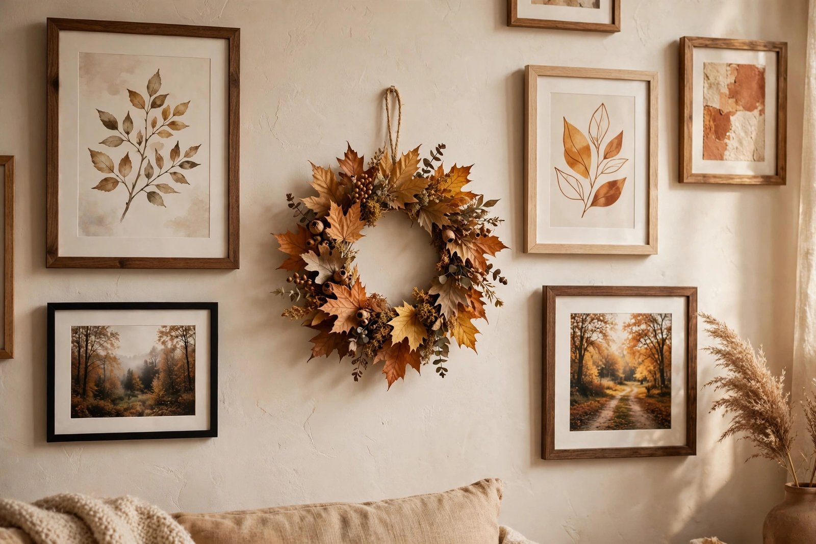 Small dried-leaf wreath hanging among framed art on a gallery wall