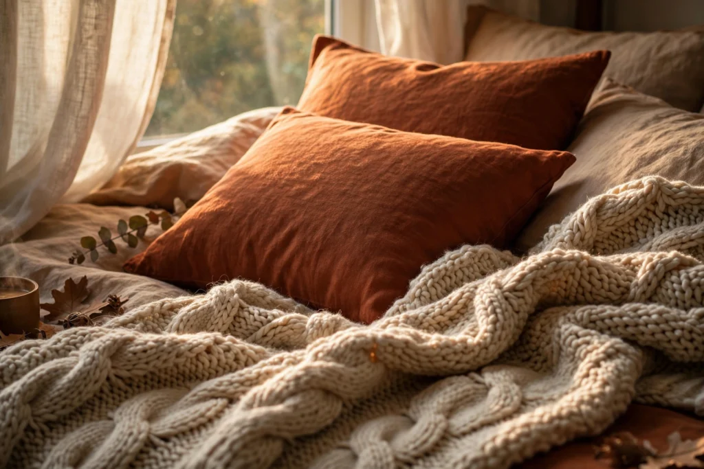 Close-up of a cozy bed styled for fall with a chunky knit throw blanket and rust-colored pillows