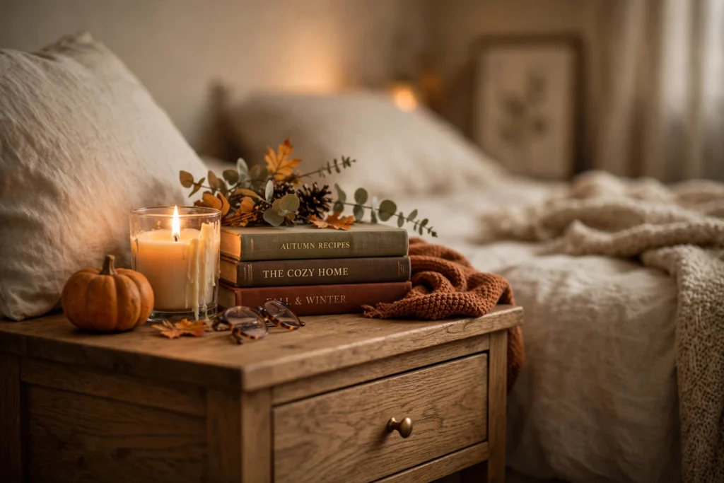 Wooden bench at the end of a cozy fall bedroom bed with soft throw blanket