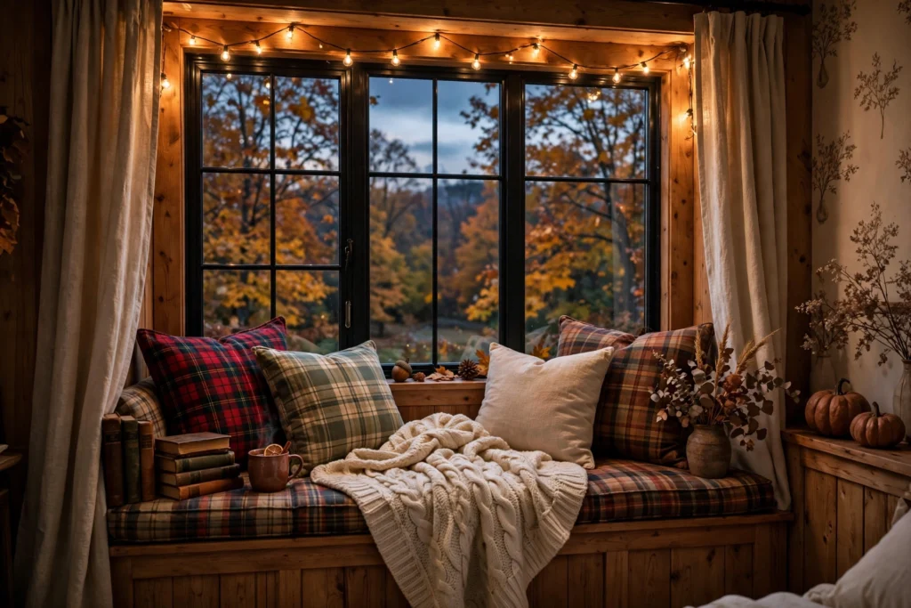 Cozy reading chair in a fall bedroom with amber cushion and knit throw blanket