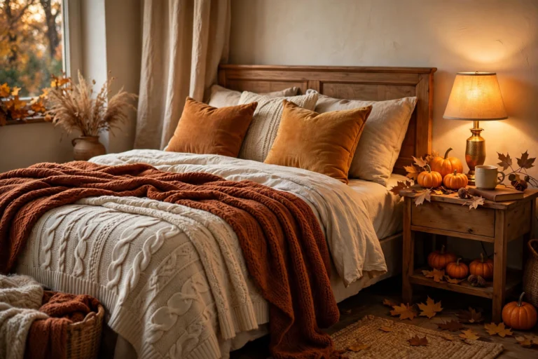 Cozy fall bedroom with warm layered bedding and amber pillows