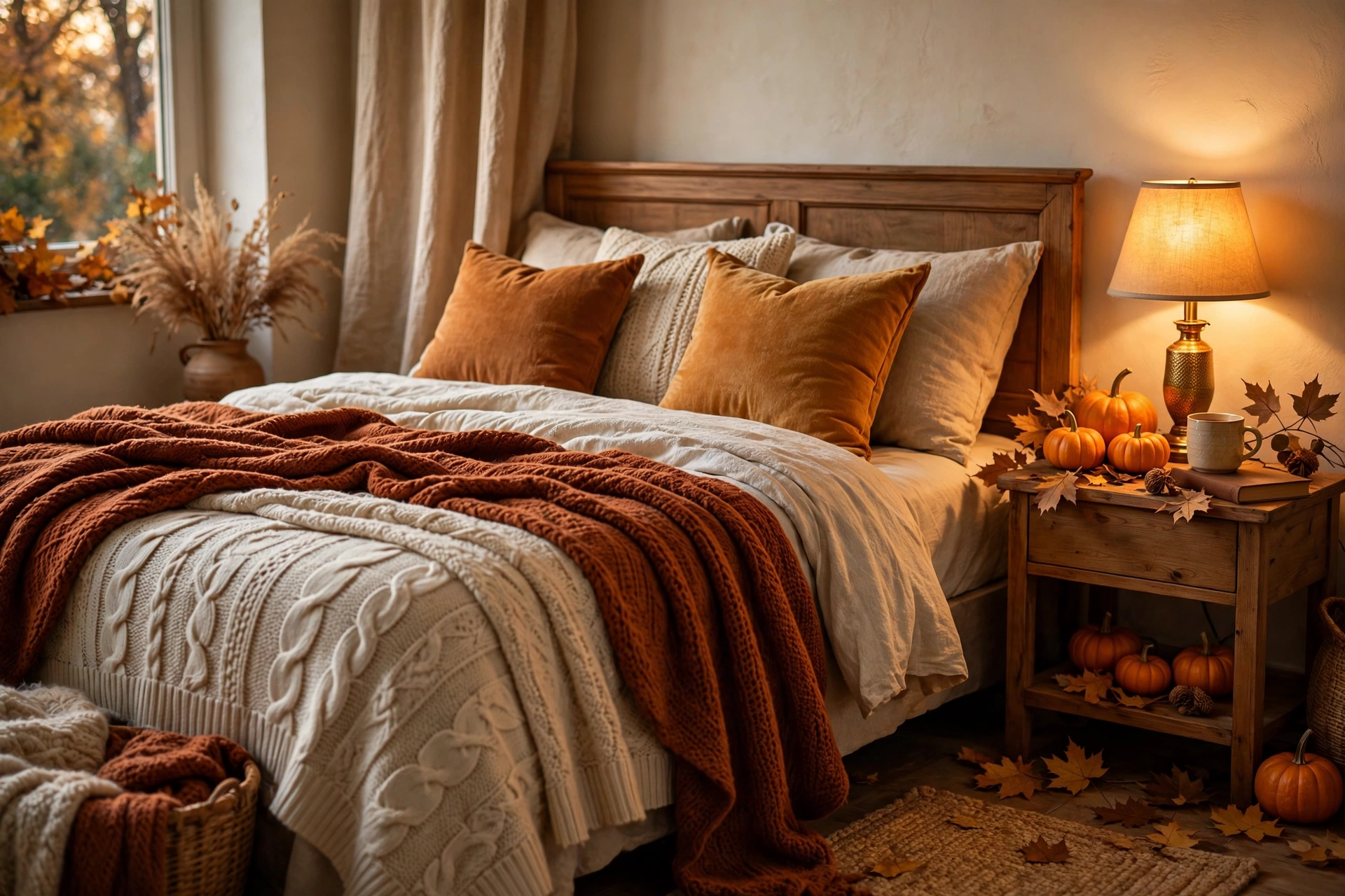 Cozy fall bedroom with warm layered bedding and amber pillows