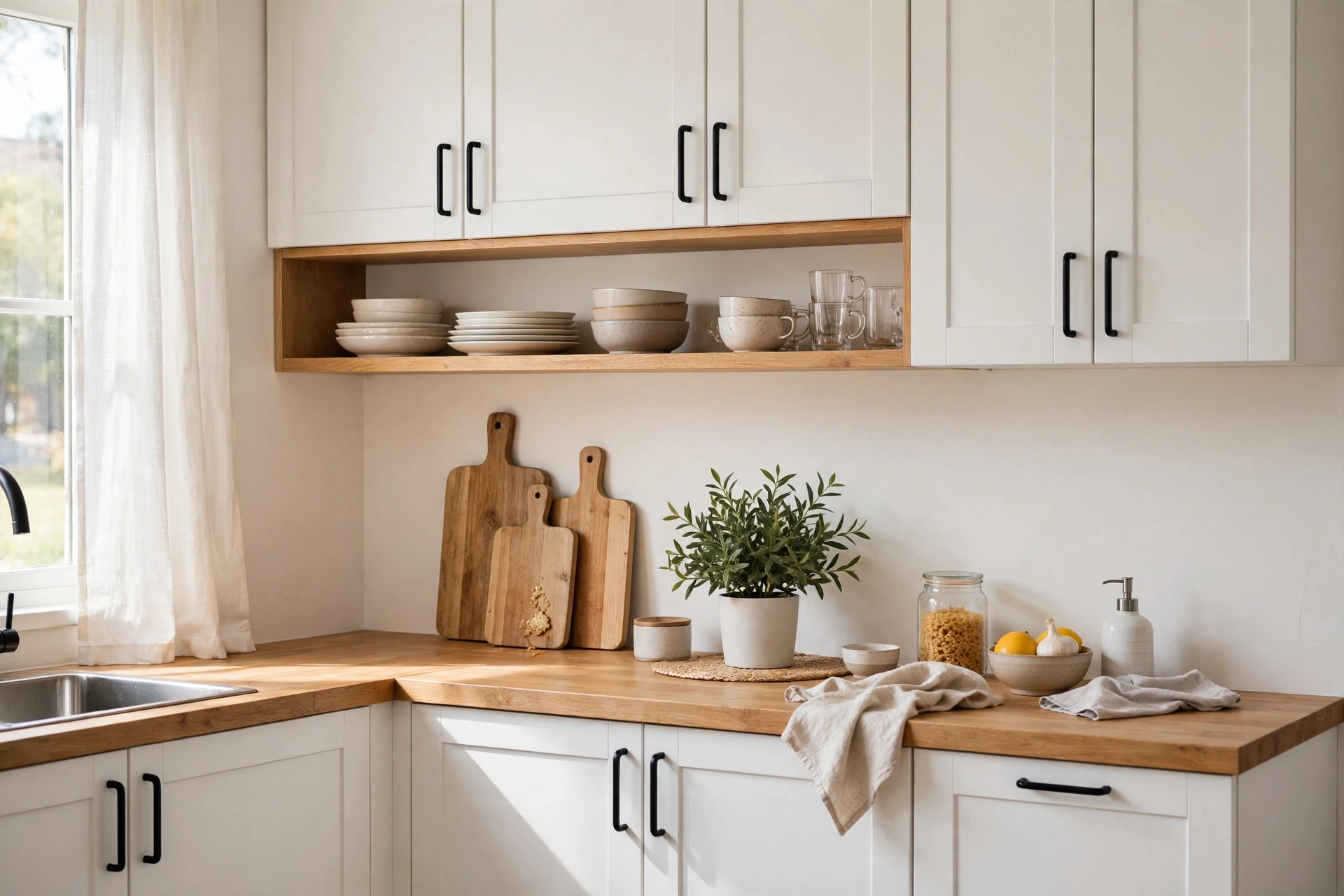 Budget-friendly kitchen makeover with styled counters and updated hardware