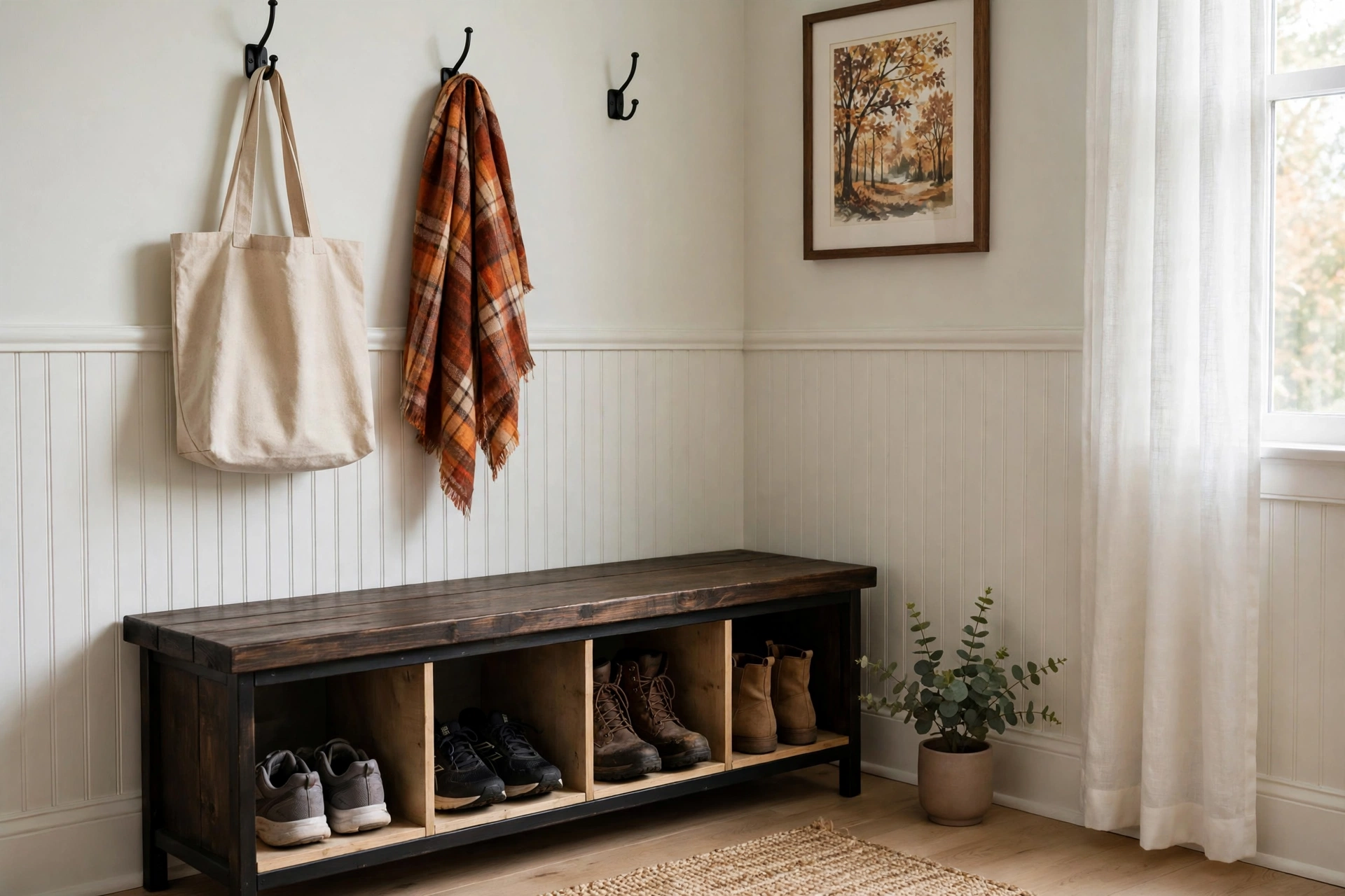 Dark wood mudroom bench with shoe cubby organizer