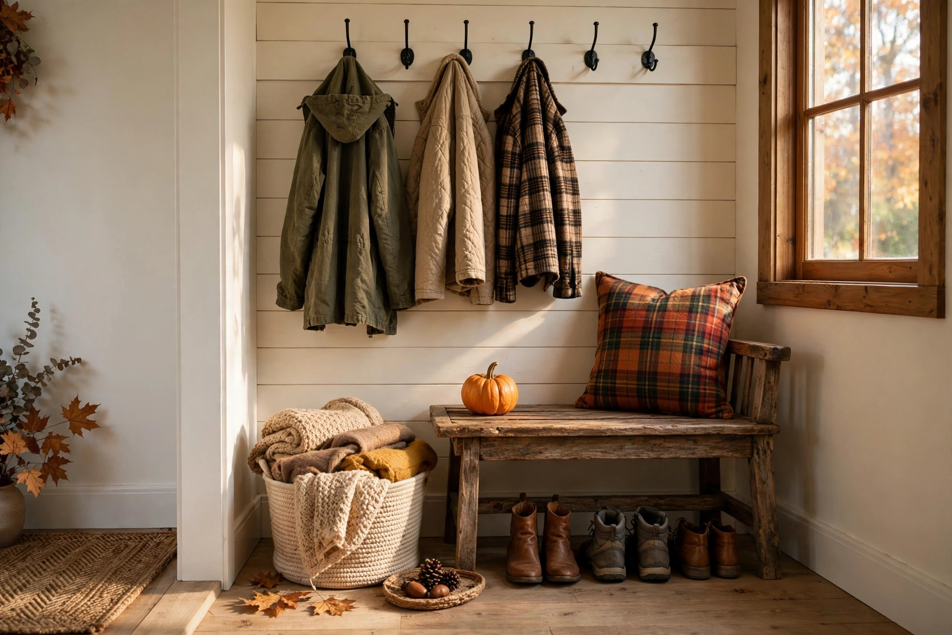 Autumn-styled mudroom with rustic bench and pumpkin