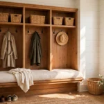 Cozy bright mudroom with wooden built-in cubbies and woven baskets