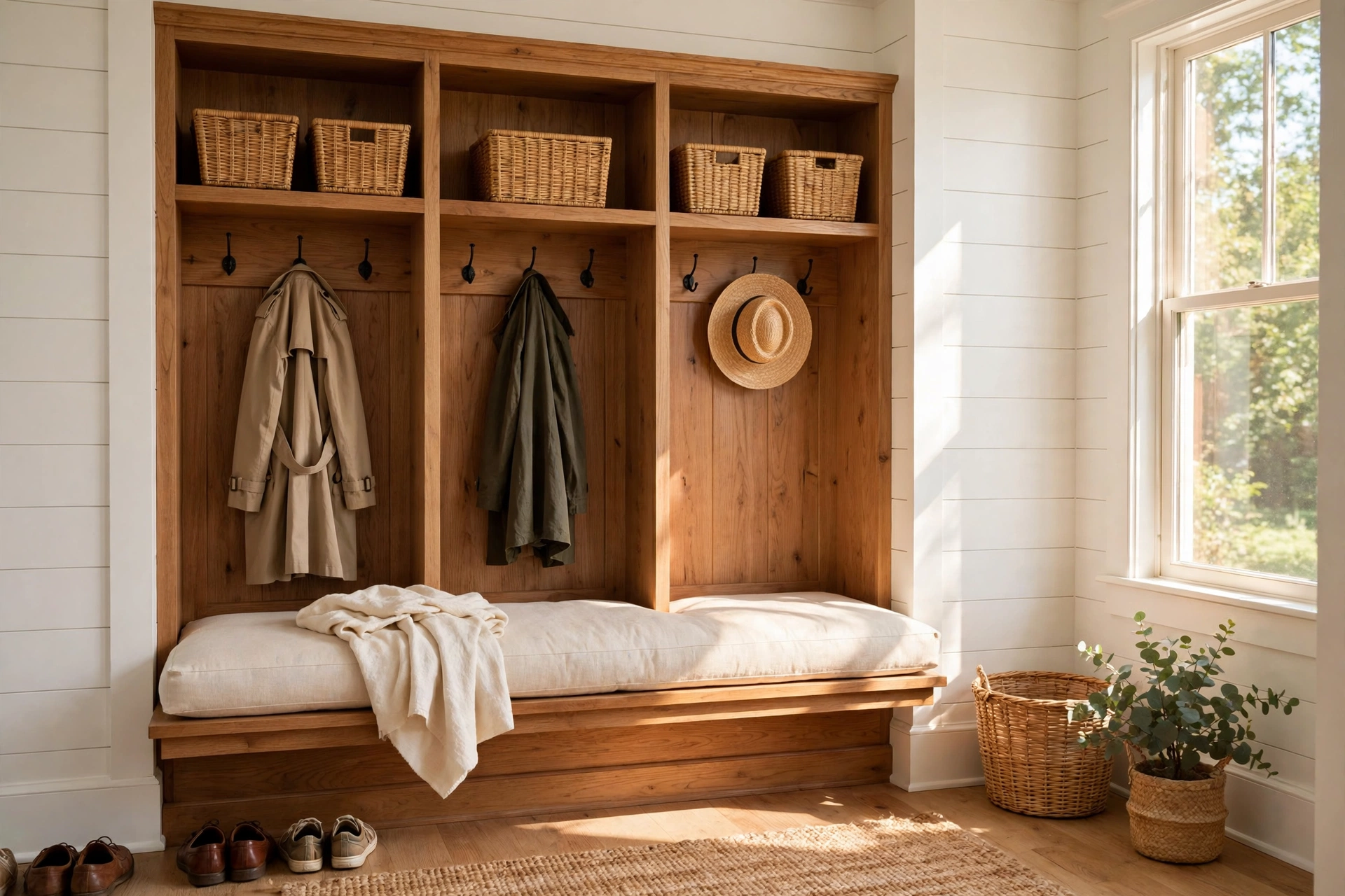 Cozy bright mudroom with wooden built-in cubbies and woven baskets