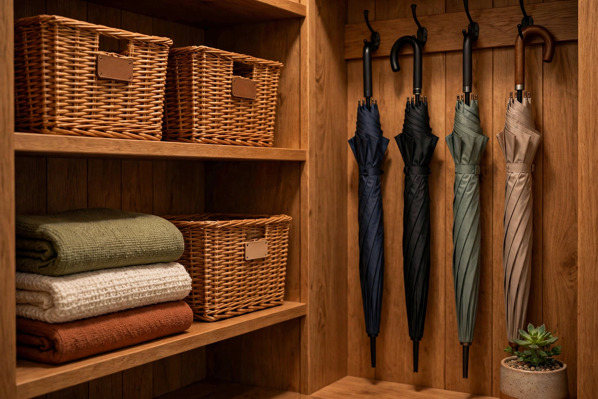 Mudroom storage wall with woven baskets and shelving