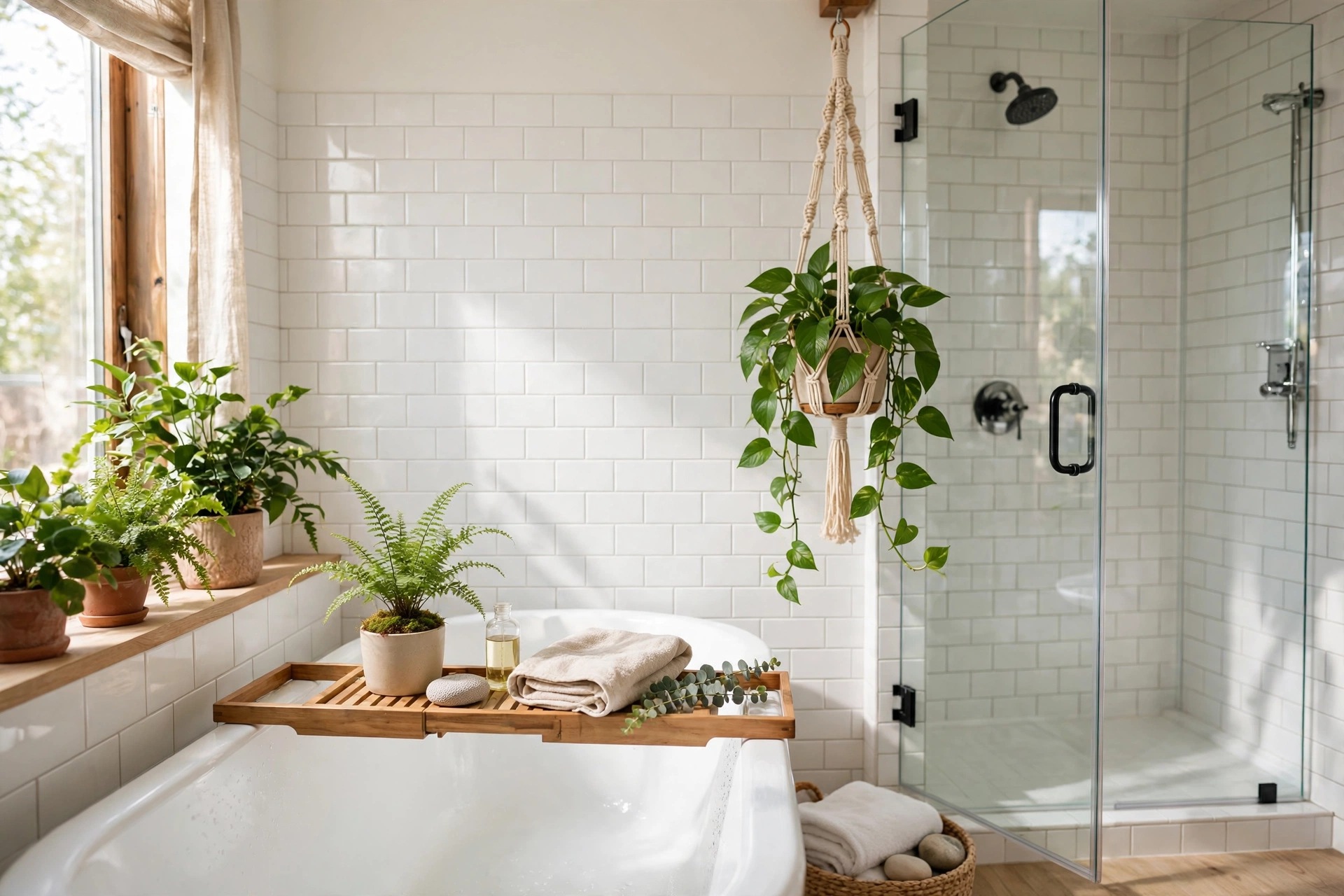 Green plants styled in a bright white bathroom