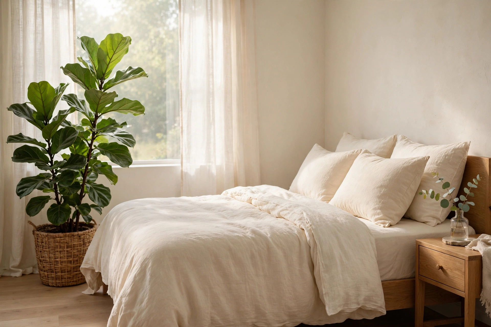 Large potted plant beside a calm, bright bedroom