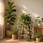Lush green houseplants grouped in a bright living room corner