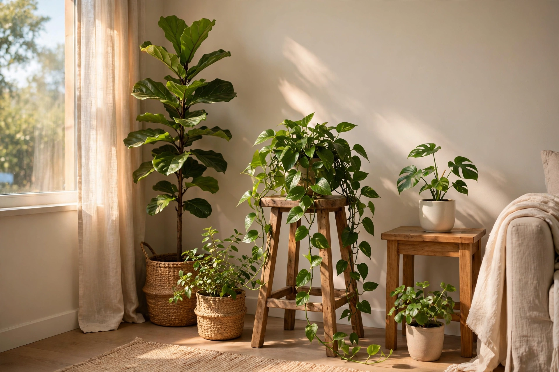 Lush green houseplants grouped in a bright living room corner