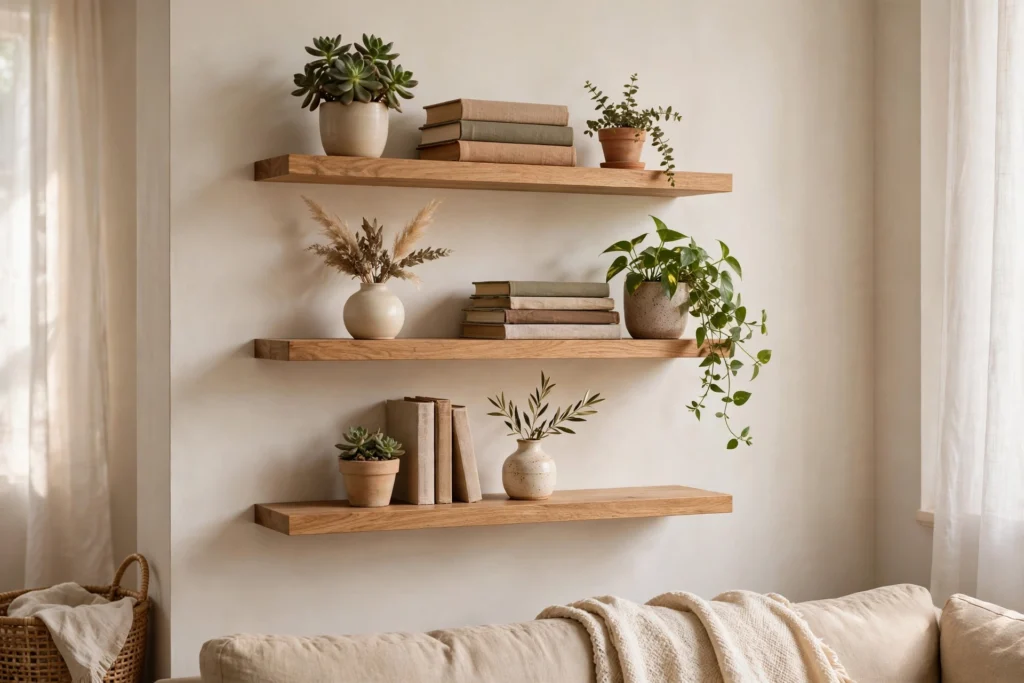 Small houseplants styled on floating wooden shelves with books