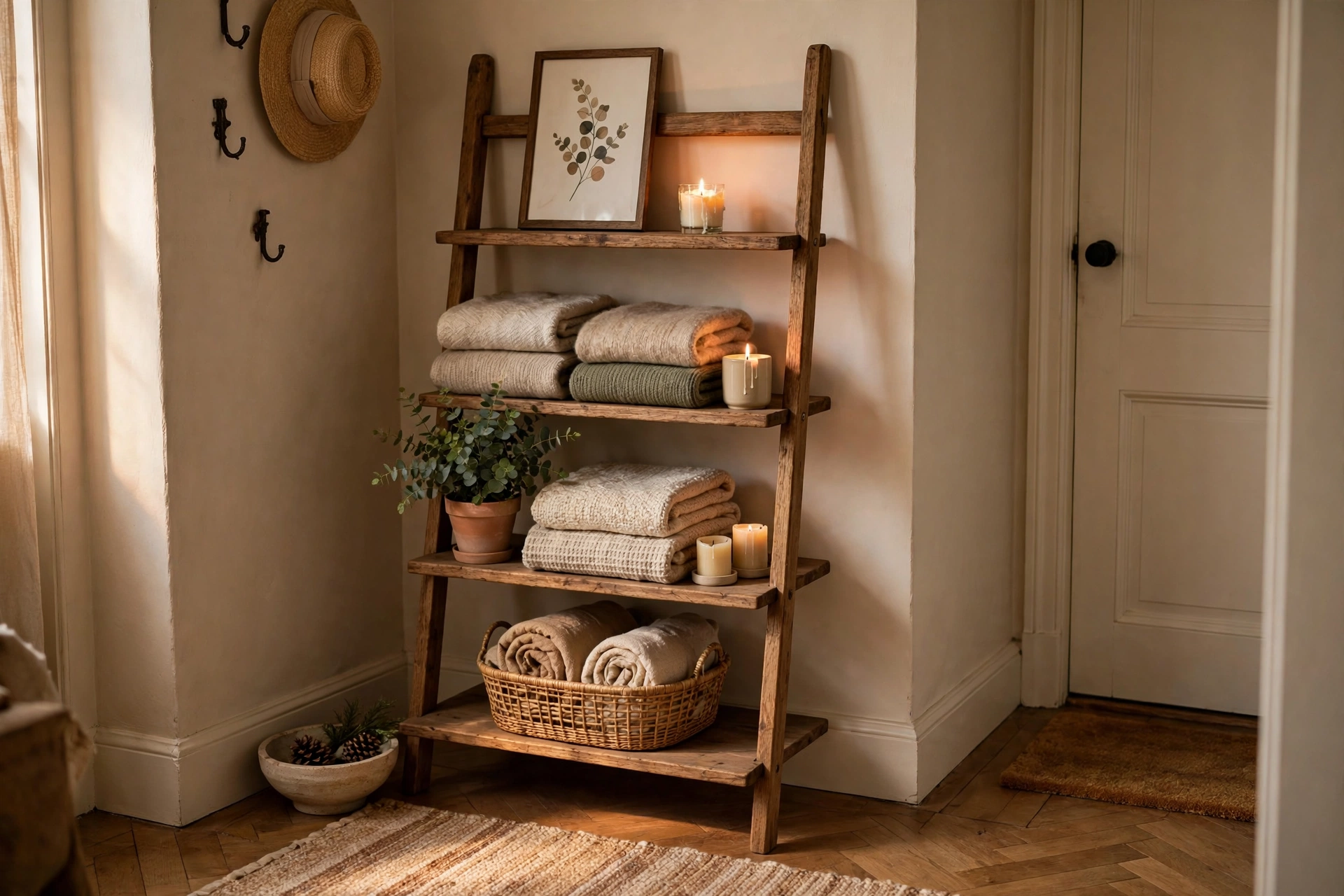 Wooden ladder shelf in an entryway corner styled with folded blankets, candles, framed art, and a plant