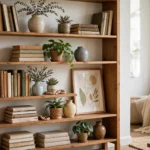 Wooden bookshelf styled with stacked books, ceramic vases, plants, and a framed art print leaning on the shelf