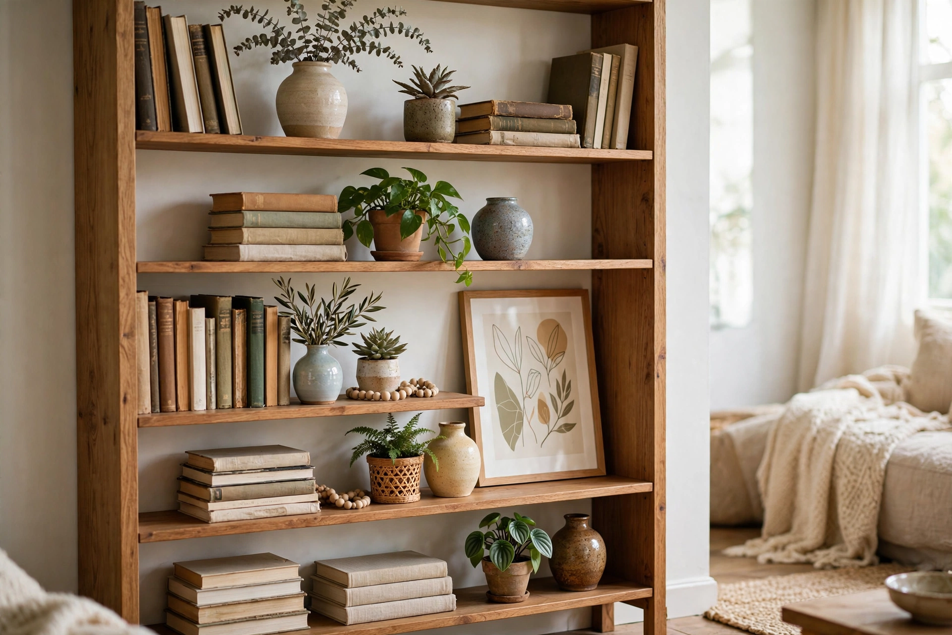 Wooden bookshelf styled with stacked books, ceramic vases, plants, and a framed art print leaning on the shelf
