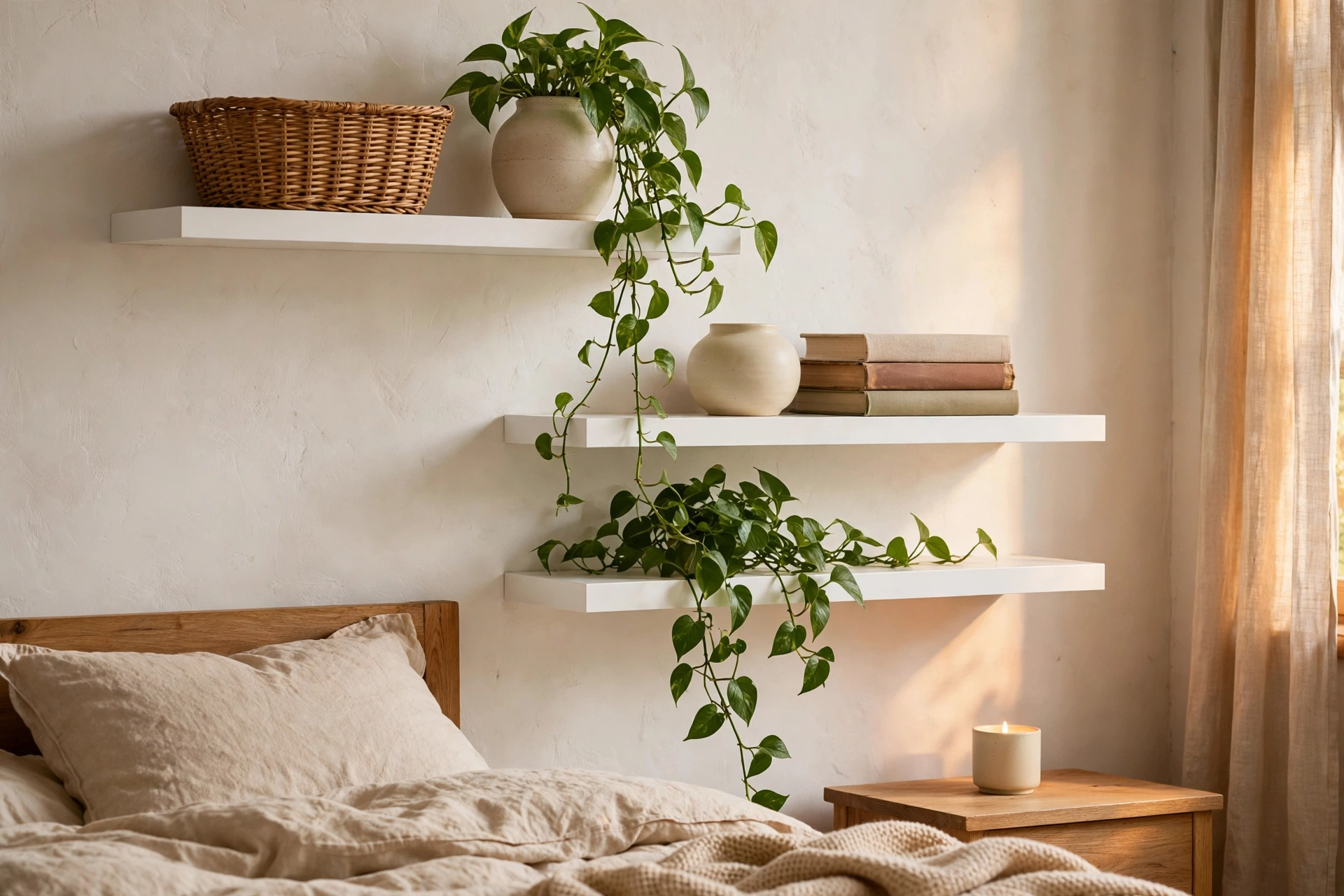 White floating wall shelves styled with a woven basket, ceramic vase, stacked books, and a trailing plant