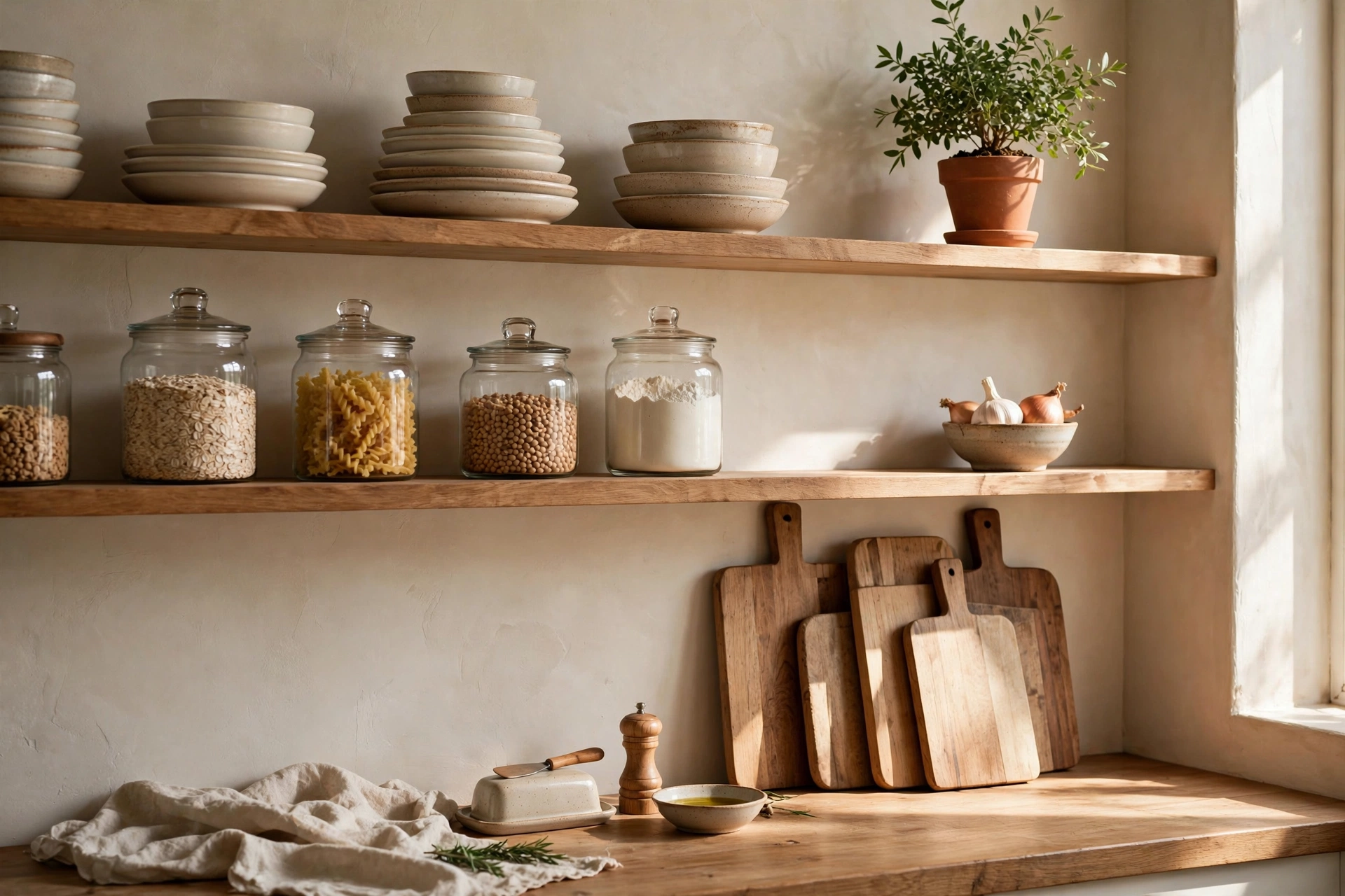 Open kitchen shelves styled with ceramic dishes, glass jars, wooden cutting boards, and a small plant
