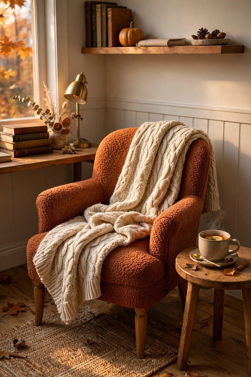 Cozy reading chair with knit throw blanket and side table with a cup of tea