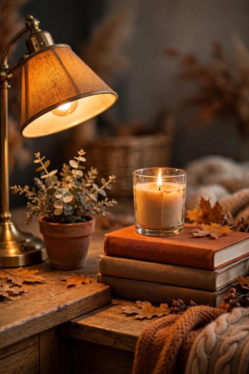 Styled home office desk corner with glowing lamp, small potted plant, lit candle, and stacked books
