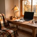 Cozy fall home office with wooden desk by a bright window, warm glowing desk lamp, and plaid throw on the chair