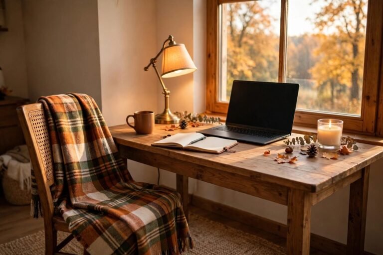 Cozy fall home office with wooden desk by a bright window, warm glowing desk lamp, and plaid throw on the chair