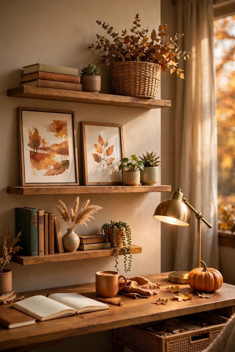 Wall shelves above a desk styled with books, small plants, framed art, and a woven basket