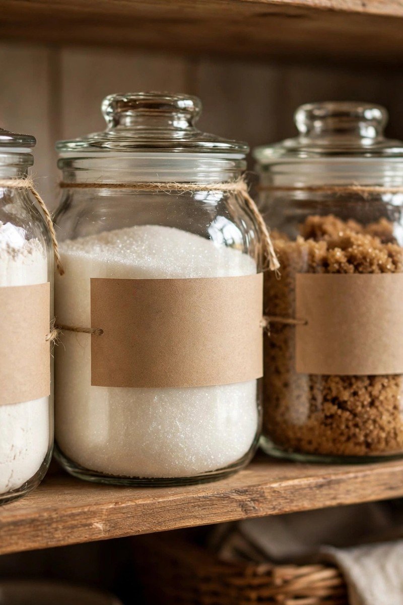 Clear glass jars with labels holding flour, sugar and brown sugar on a pantry shelf