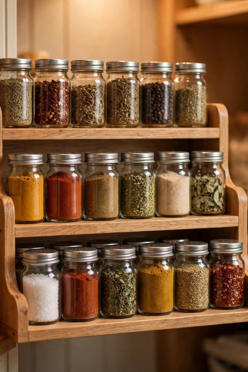 Tiered shelf organizing spice jars in neat rows inside a pantry