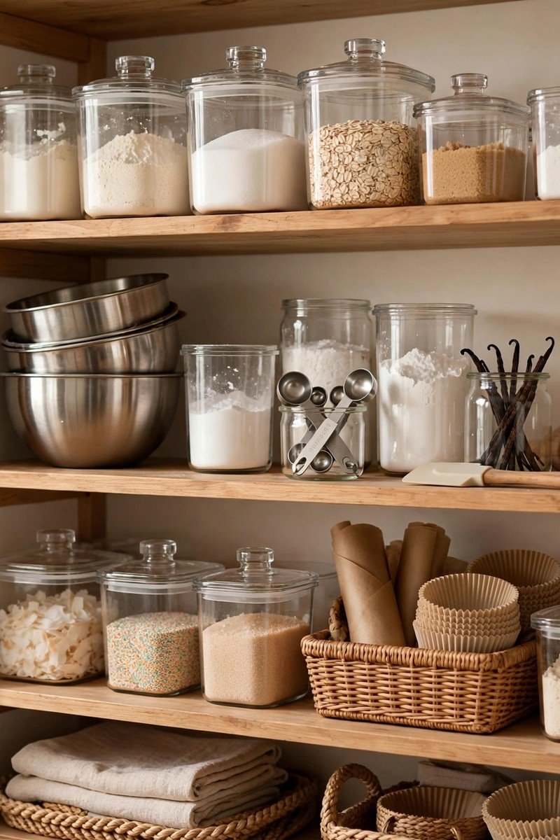 Pantry shelf with baking supplies grouped together in clear containers