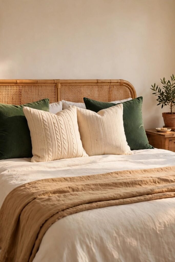 Bed styled with forest green and cream pillows and a tan linen throw at the foot