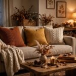 Cozy living room sofa with a mix of fall throw pillows in rust, mustard, and cream, chunky knit throw nearby, warm lamplight
