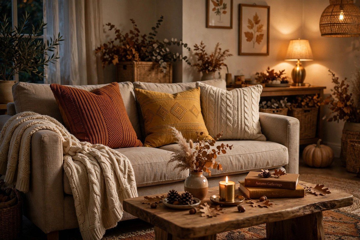 Cozy living room sofa with a mix of fall throw pillows in rust, mustard, and cream, chunky knit throw nearby, warm lamplight