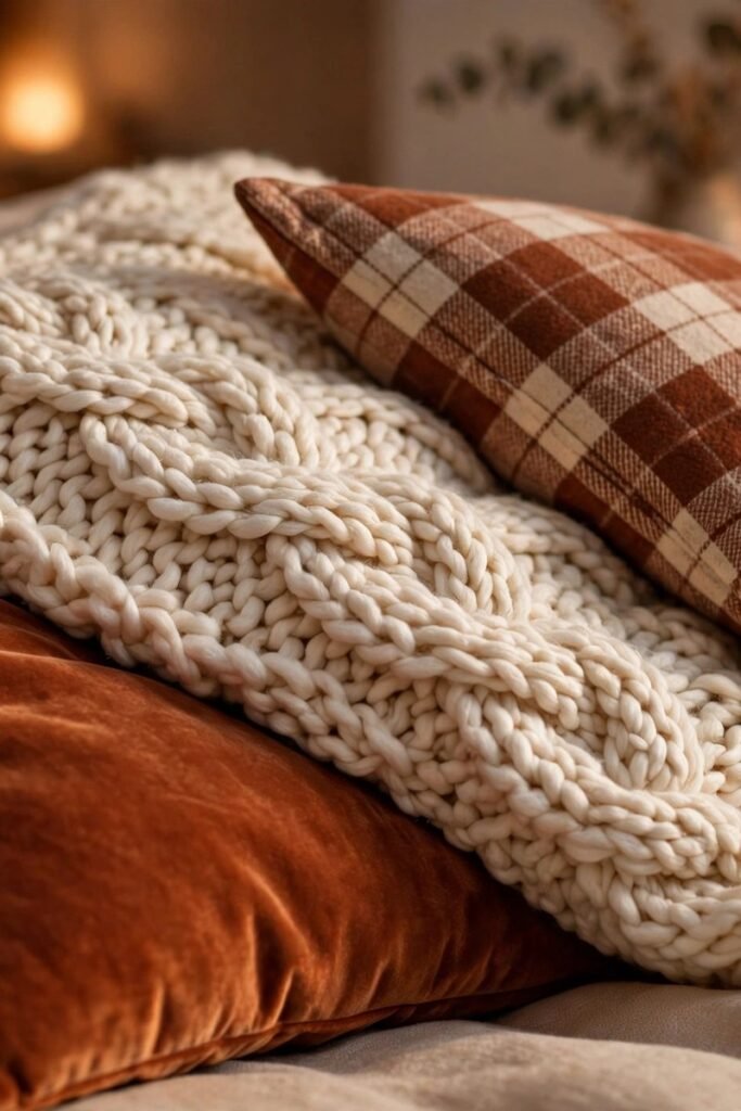 Close-up of sofa pillows in rust velvet, cream knit, and plaid flannel layered together