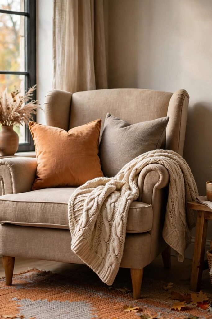 Reading nook chair with pumpkin-orange and warm gray pillows and a knit blanket draped over the arm