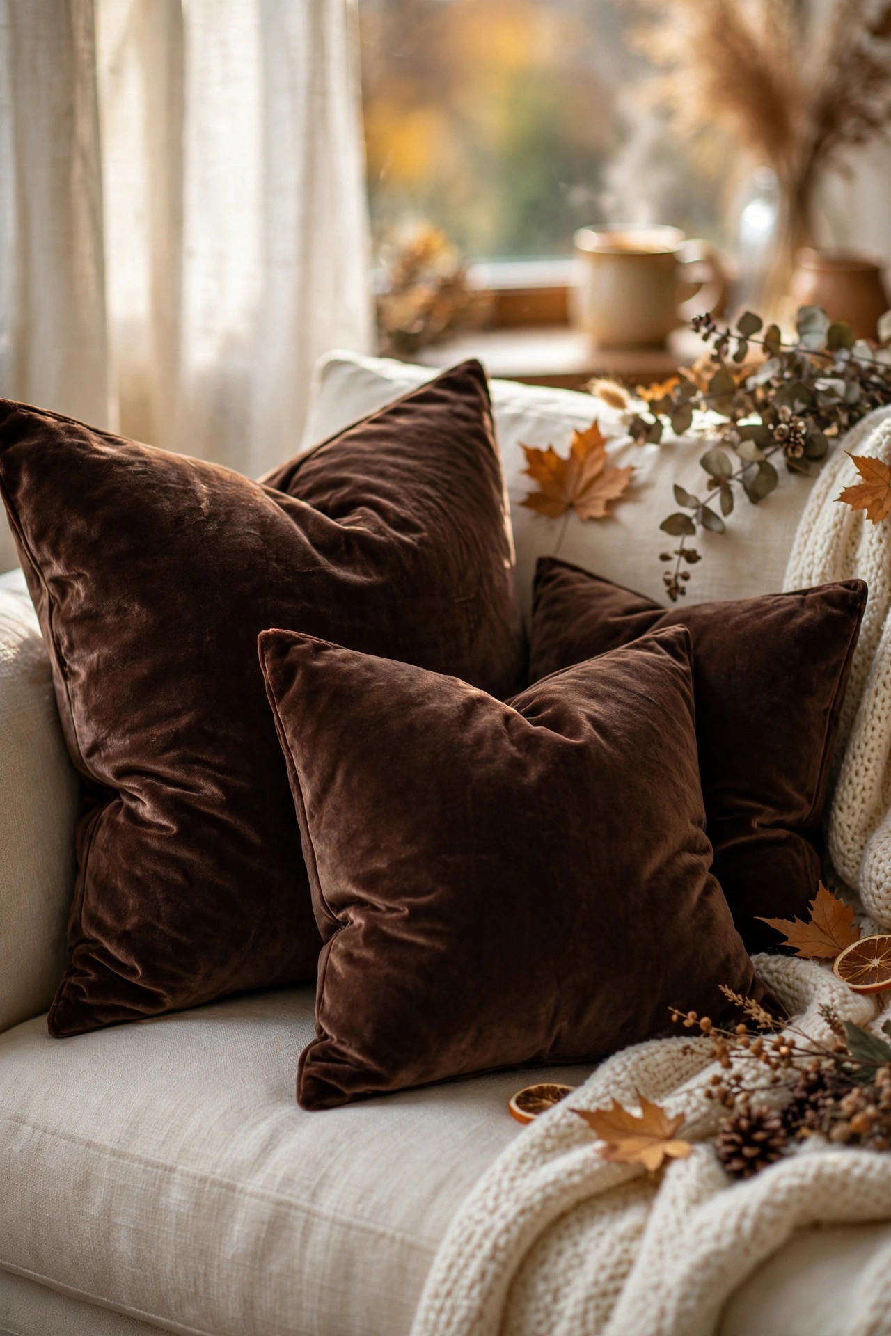 Close-up of chocolate brown velvet throw pillows on a couch
