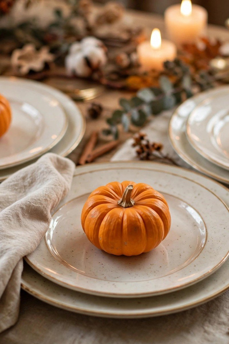Mini pumpkins used as Thanksgiving place cards with guest names written in gold