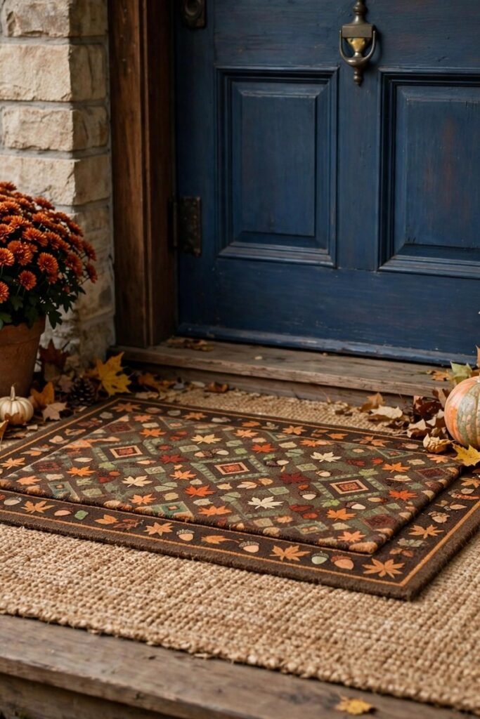 Layered fall doormats on a front porch with a patterned mat over a natural fiber rug